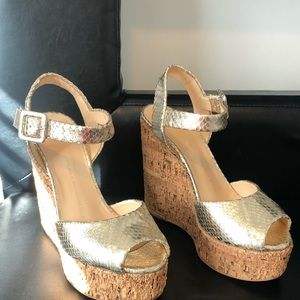 Giuseppe Zanotti Design Gold Snakeskin Embossed Leather with Corkscrew Wedge